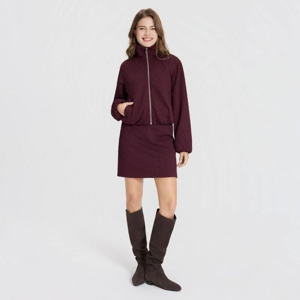 Women's Textured Jacquard Funnel-Neck Bomber Jacket - Burgundy Chevron XS